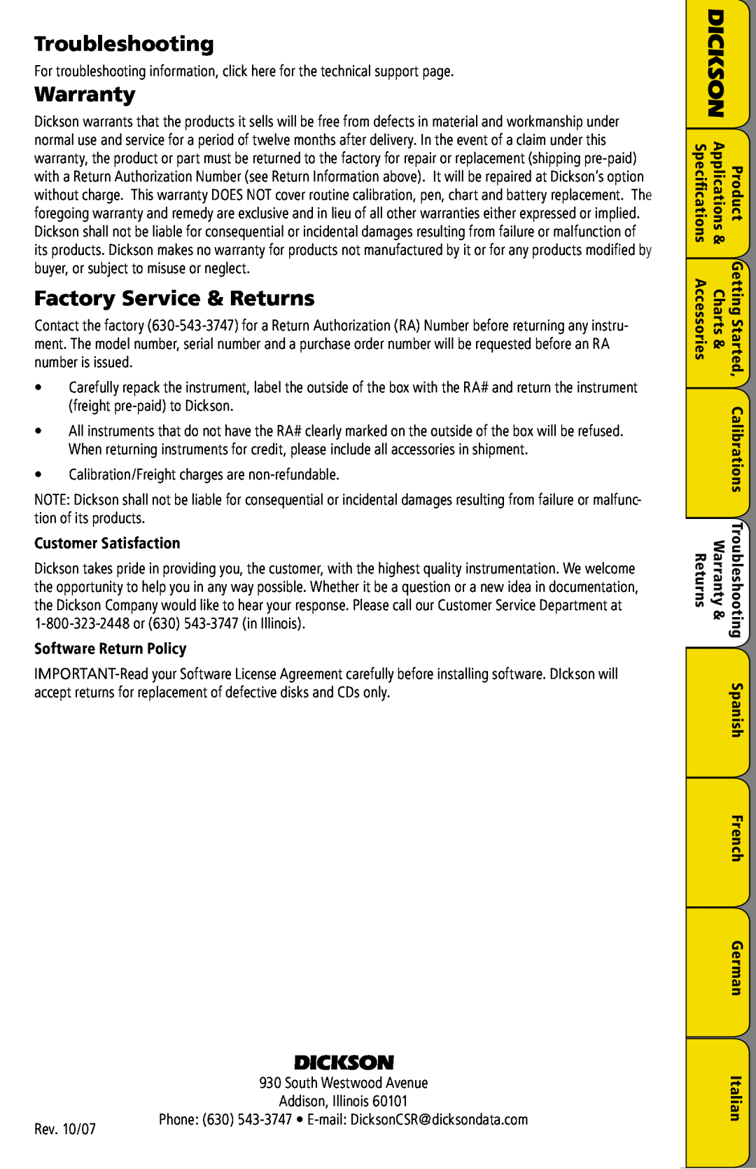 Dickson Industrial SC3 manual Troubleshooting, Warranty, Factory Service & Returns, Dickson 