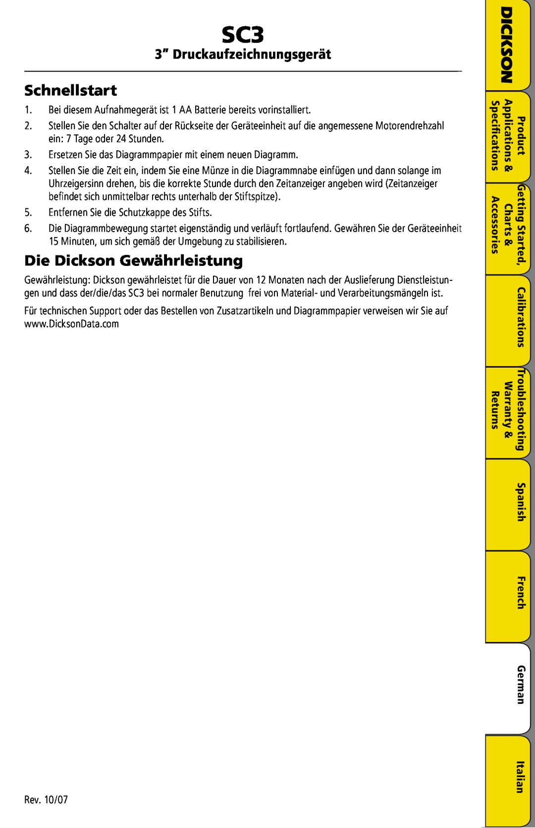 Dickson Industrial SC3 manual Schnellstart, Die Dickson Gewährleistung, 3” Druckaufzeichnungsgerät 