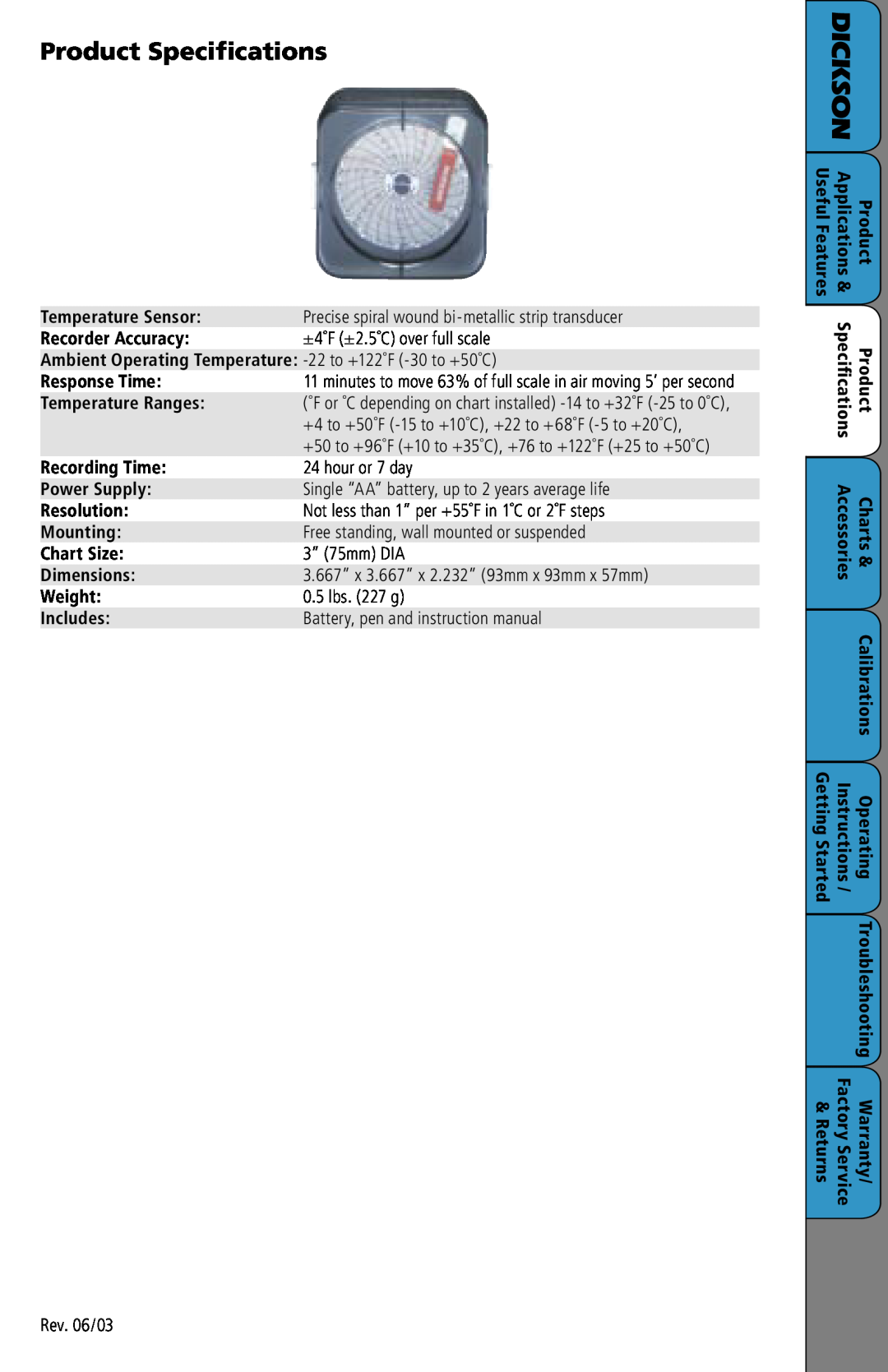 Dickson Industrial SC3 manual Product Specifications, Dickson 