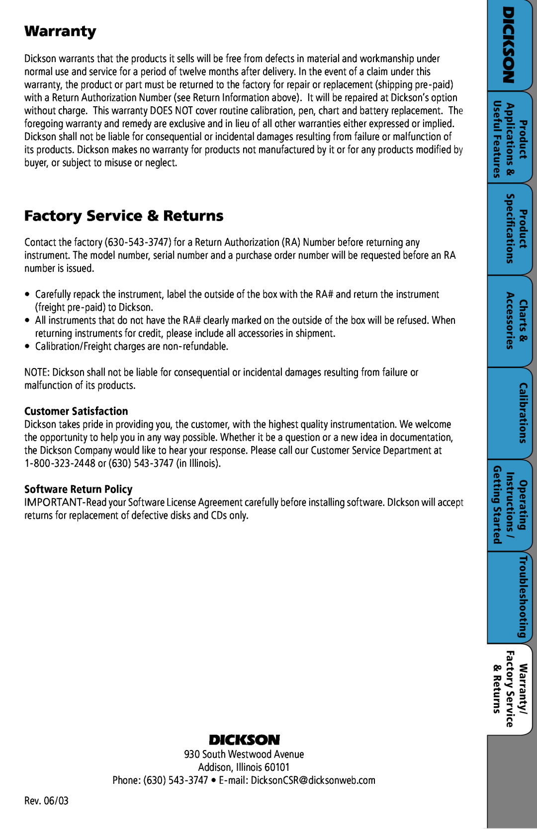 Dickson Industrial SC3 Warranty, Factory Service & Returns, Dickson, Customer Satisfaction, Software Return Policy, Charts 