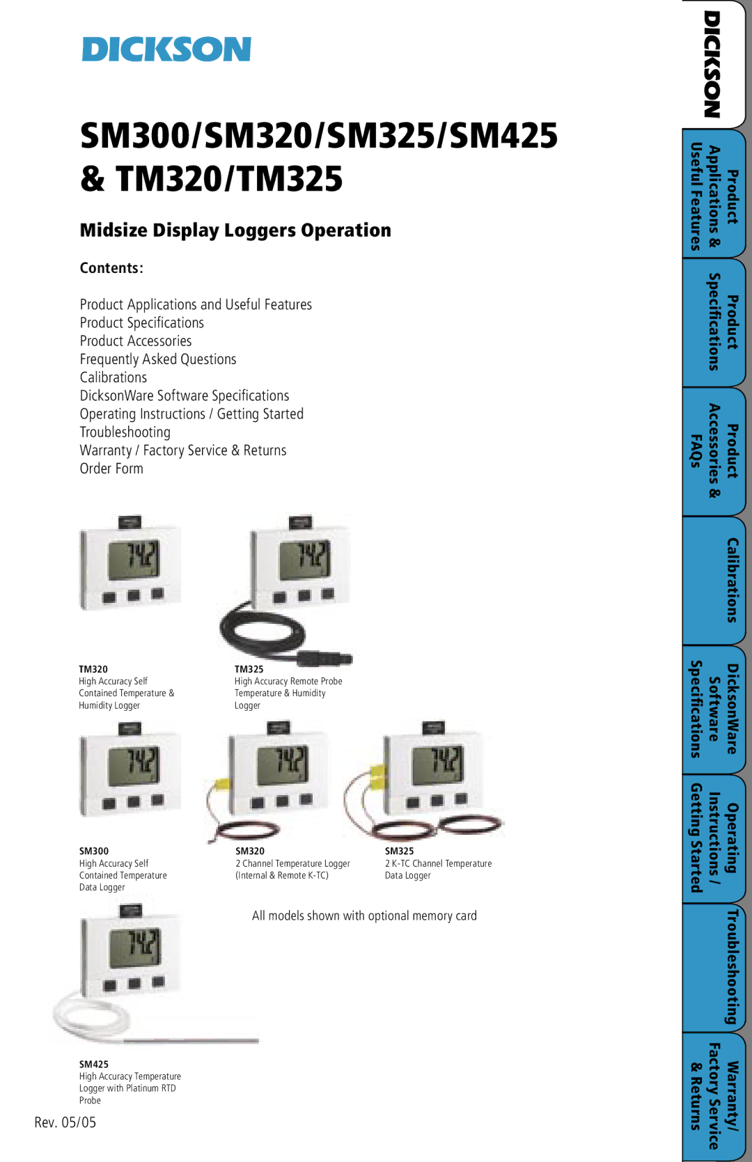 Dickson Industrial SM300, SM320, TM320, SM325, SM425 manual Contents, Product, FAQs, Software, Operating, Returns, Warranty 