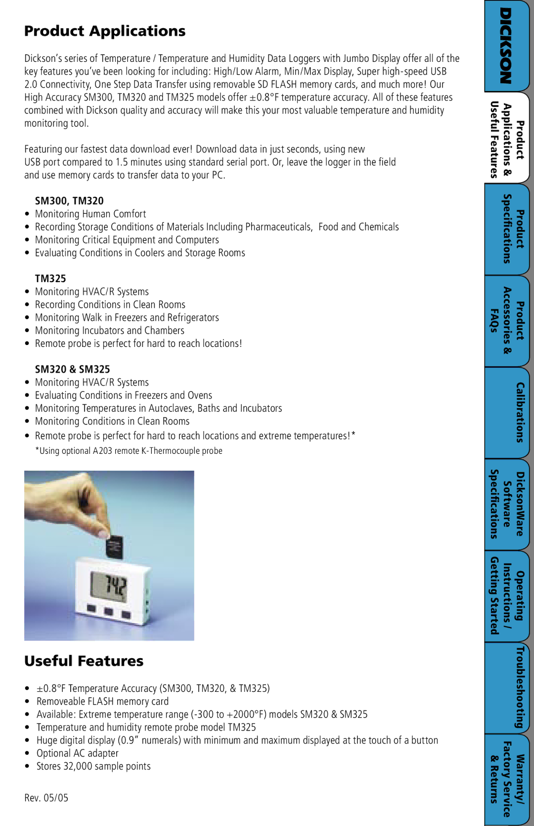 Dickson Industrial SM425 manual Product Applications, Useful Features, SM300, TM320, TM325, SM320 & SM325 