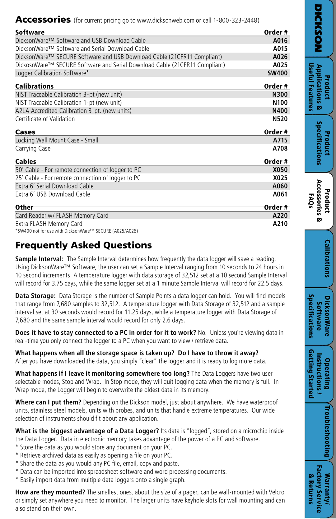 Dickson Industrial SM425, SM320 Frequently Asked Questions, A026, A025, Logger Calibration Software SW400 Calibrations 