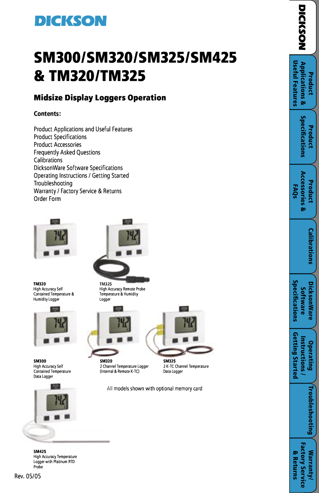 Dickson Industrial manual Dickson, SM300/SM320/SM325/SM425 & TM320/TM325, Midsize Display Loggers Operation 