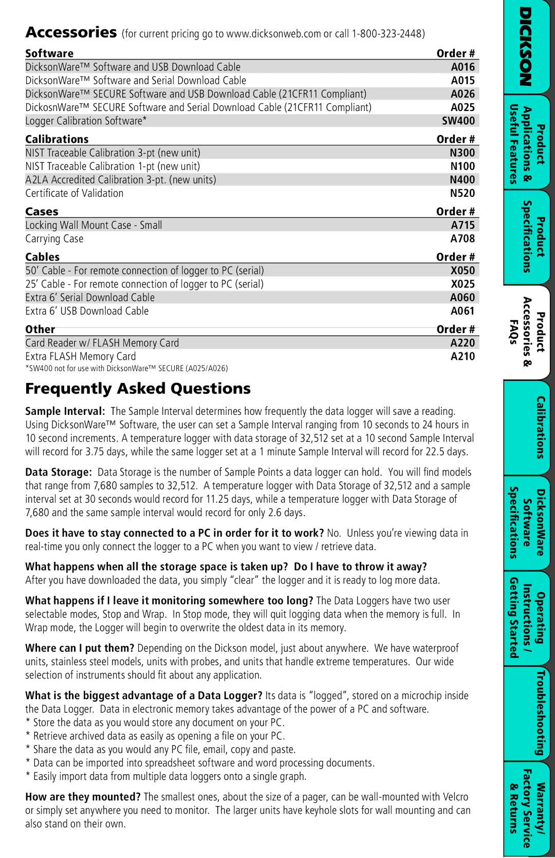 Dickson Industrial SM720/SM725 Frequently Asked Questions, A026, A025, Logger Calibration Software SW400 Calibrations 