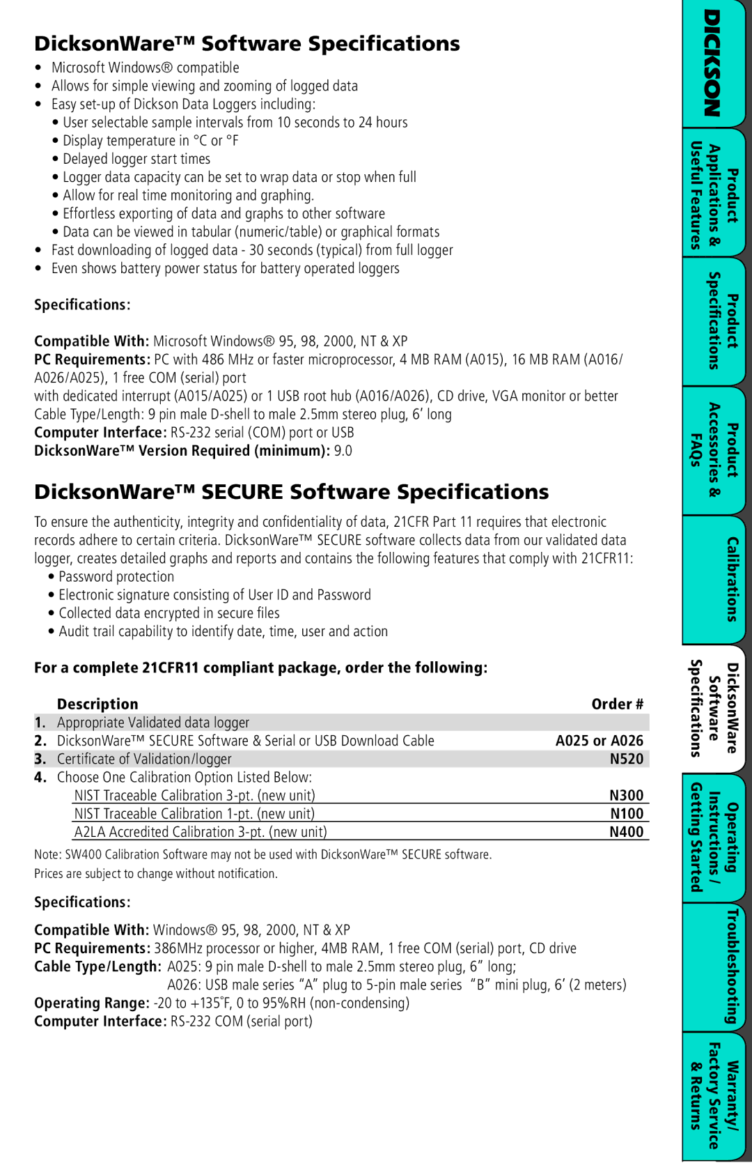 Dickson Industrial TM725, SM720/SM725 manual DicksonWare Software Specifications, DicksonWare Secure Software Specifications 