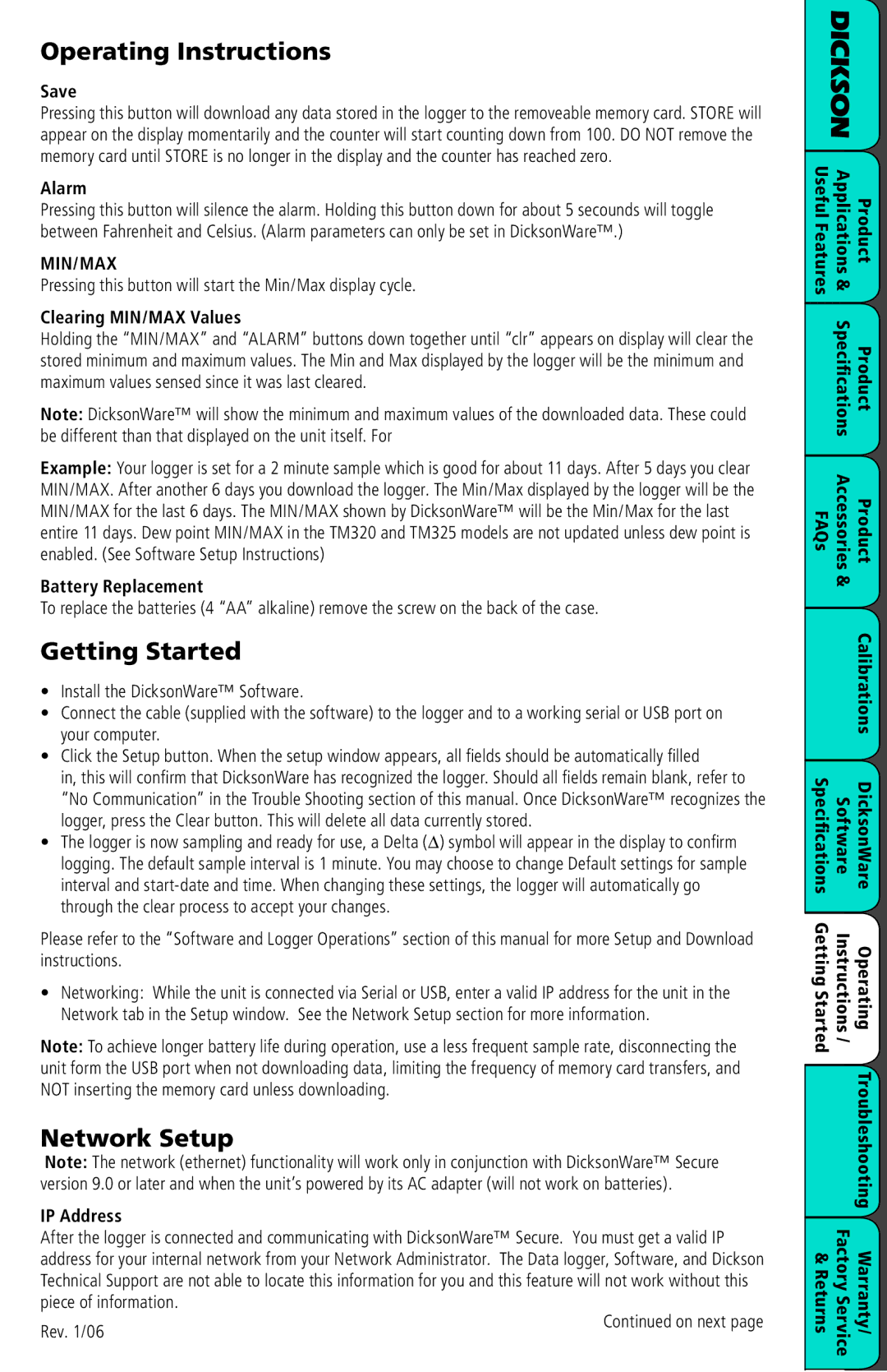 Dickson Industrial SM720/SM725, TM725 manual Operating Instructions, Getting Started, Network Setup 