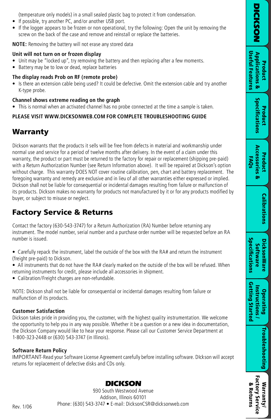 Dickson Industrial TM725, SM720/SM725, Midsize Display Loggers Operation manual Warranty, Factory Service & Returns 