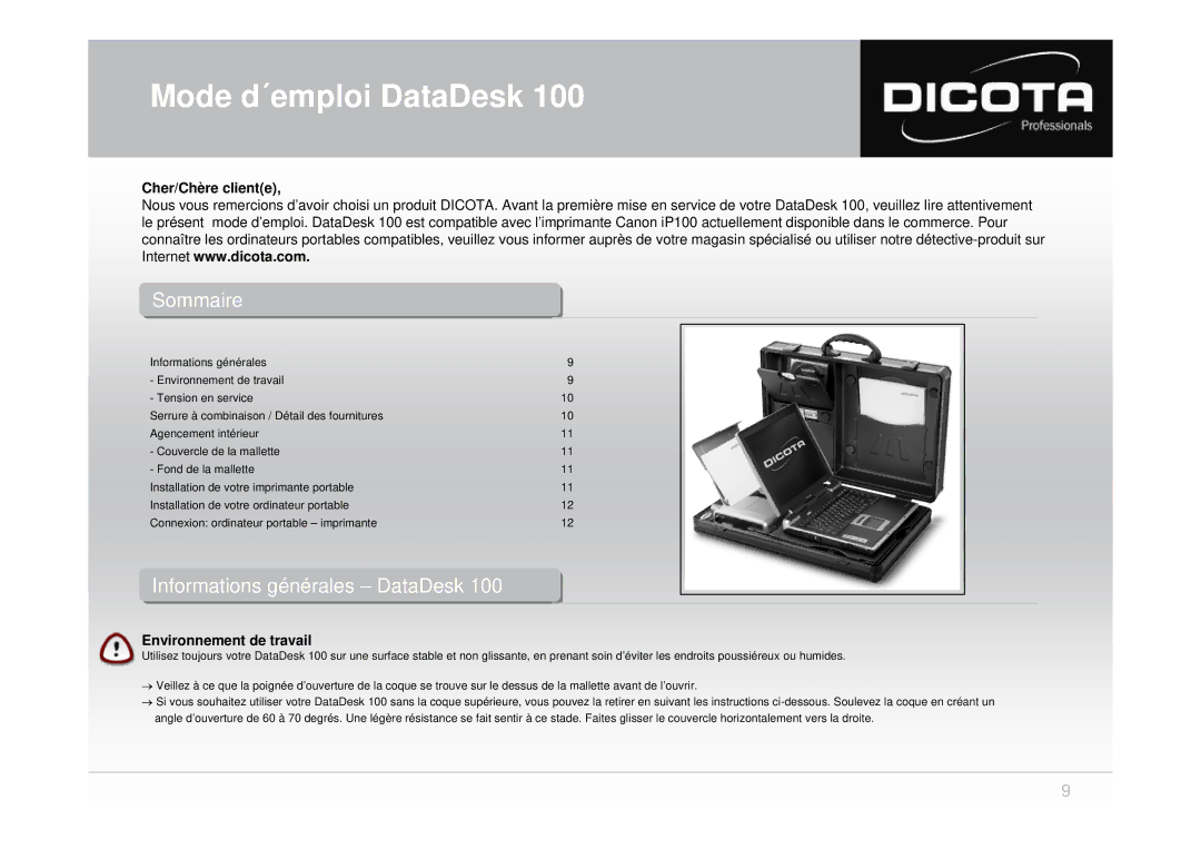 Dicota 100 user manual Sommaireo aire, Cher/Chère cliente, Environnement de travail 