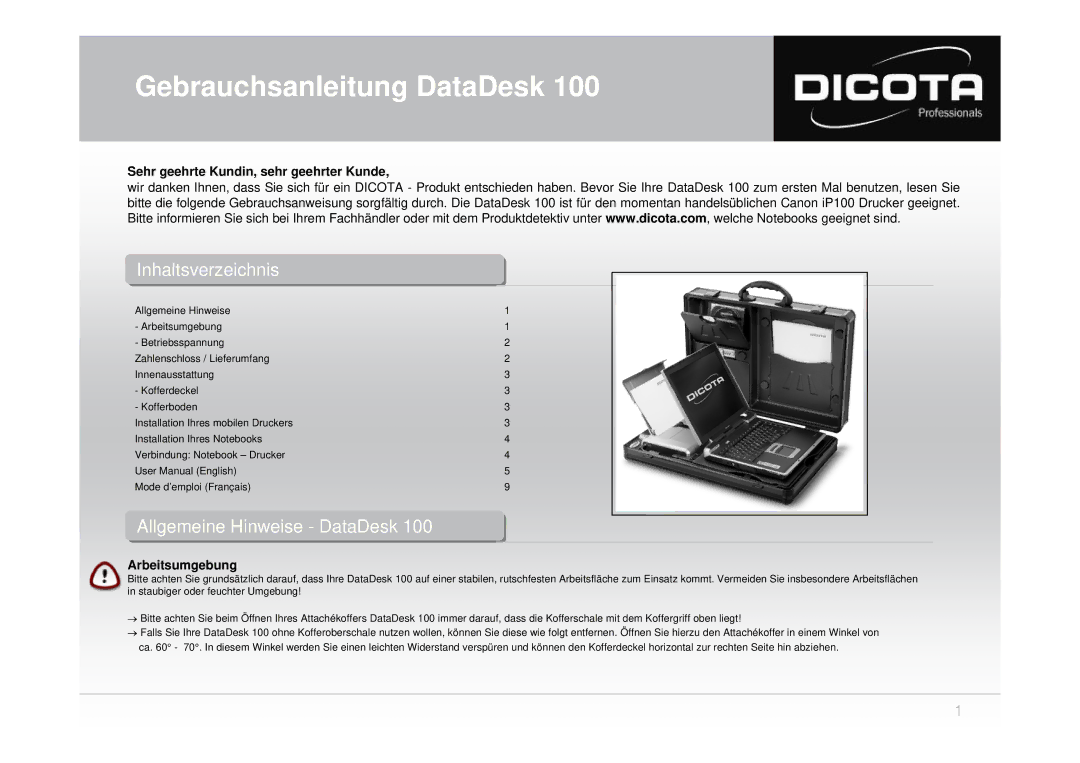 Dicota 100 user manual Inhaltsverzeichnis, Allgemeine Hinweise, Llge eine in eise Ata esk 