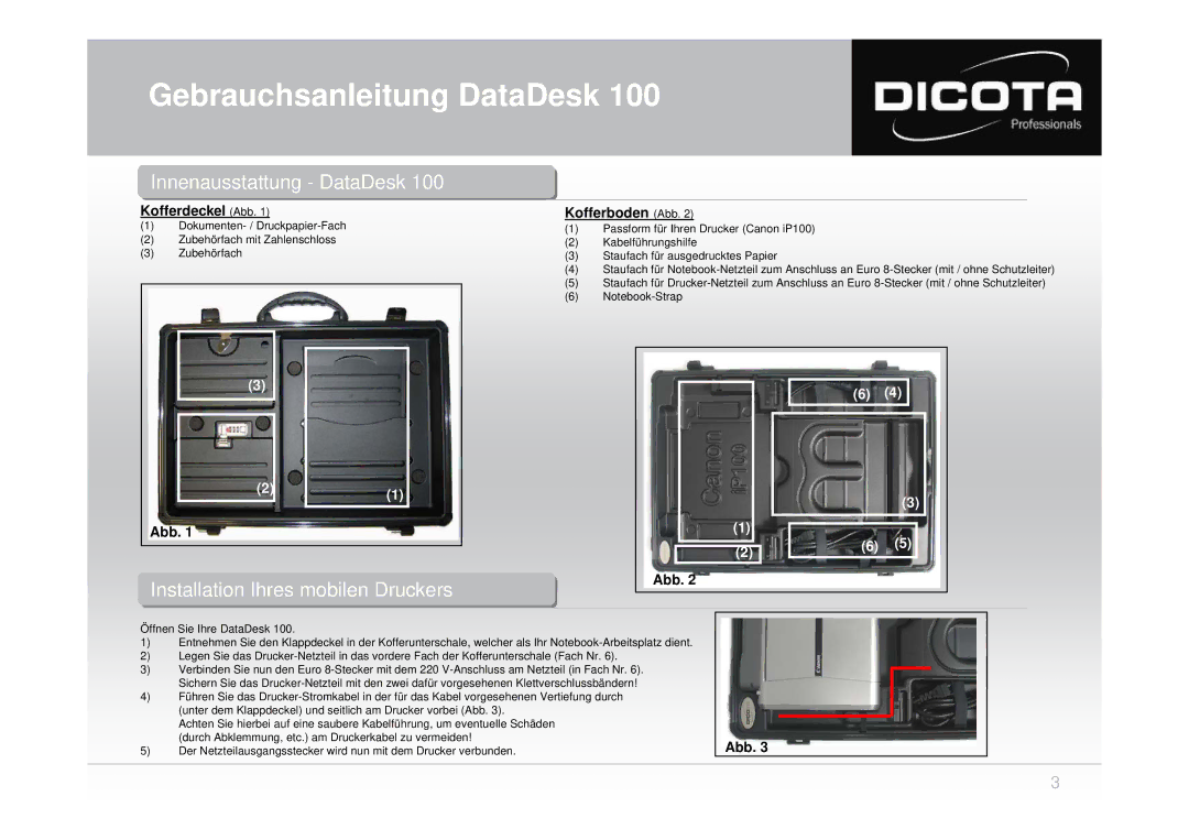 Dicota 100 user manual Kofferdeckel Abb, Kofferboden Abb 