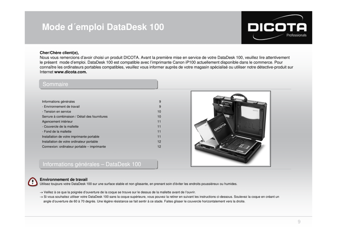 Dicota 100 Mode d´emploi DataDesk, Sommaireo aire, InformationsInfor ations généralesgénérales -- DataDeskata esk 