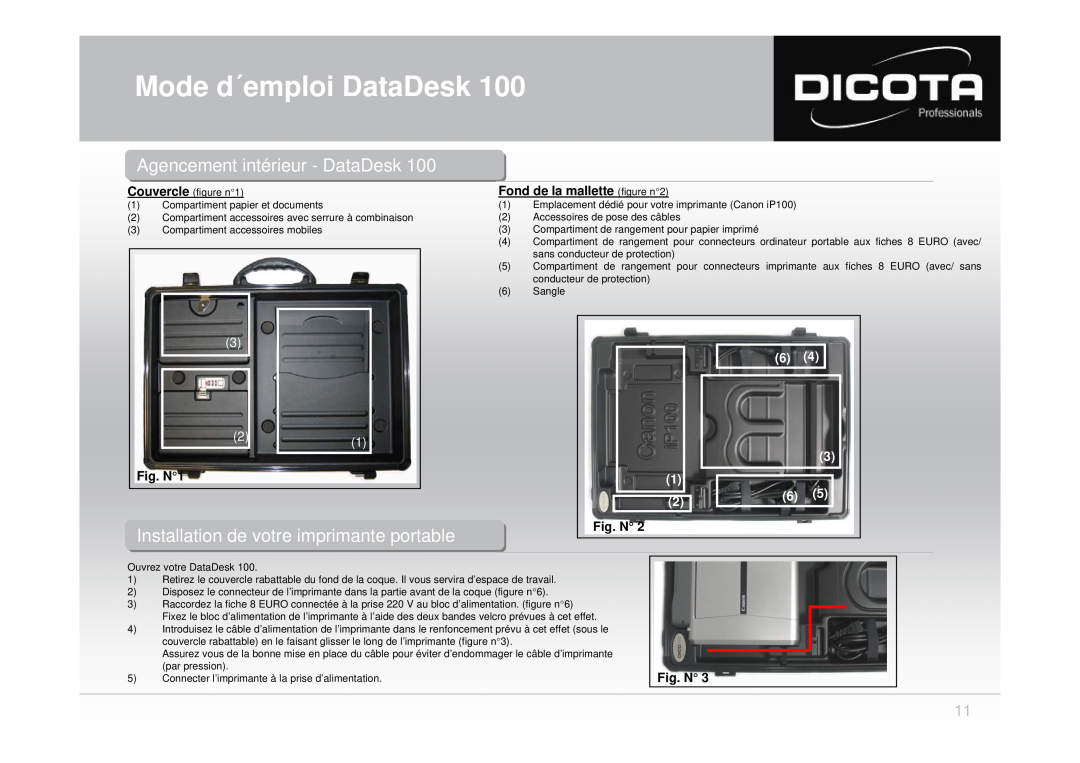 Dicota 100 user manual Fig. N1, Fond de la mallette figure n2, Mode d´emploi DataDesk 