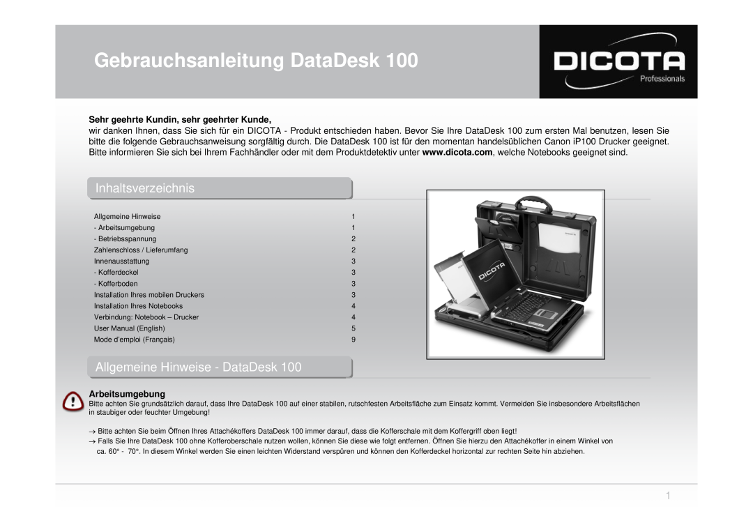 Dicota 100 user manual Gebrauchsanleitung DataDesk, Inhaltsverzeichnis, Allgemeine Hinweise, llge eine in eise, ata esk 