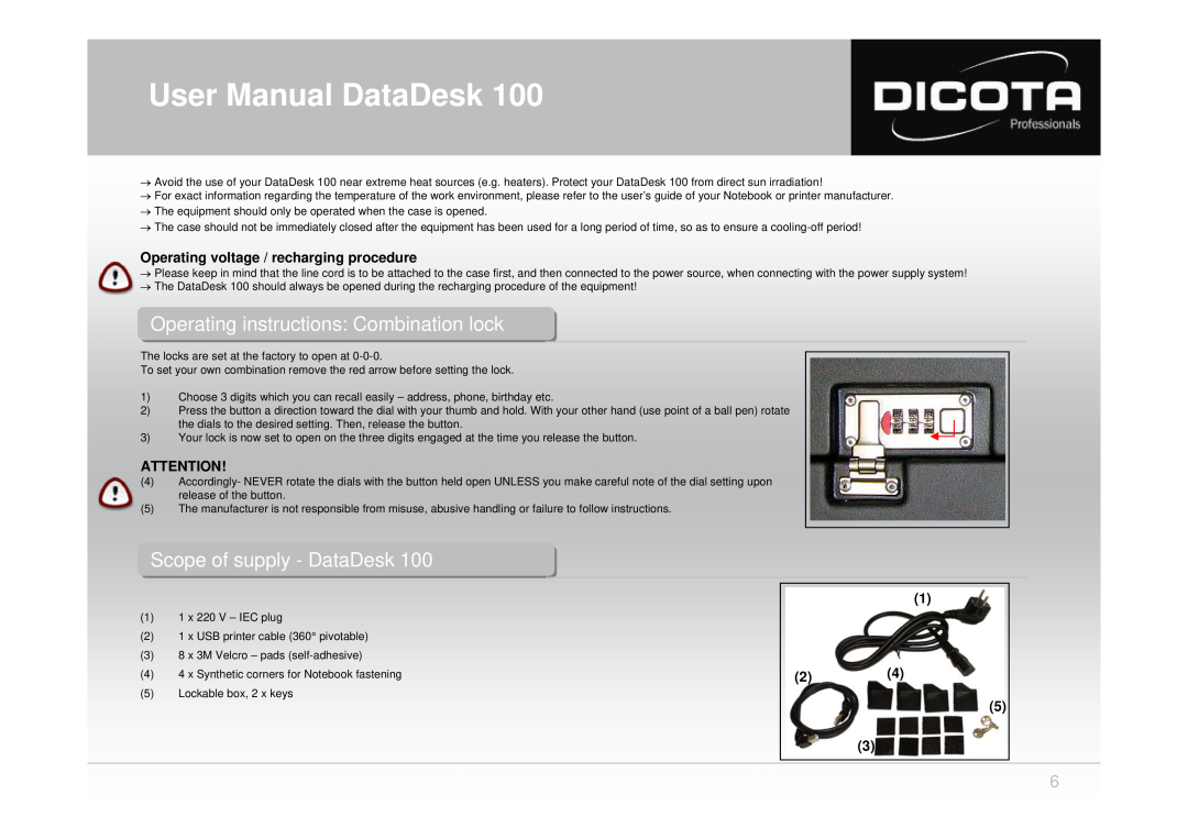 Dicota 100 Scopecope ofof supplysupply -- DataDeskata esk, Operating voltage / recharging procedure, User Manual DataDesk 