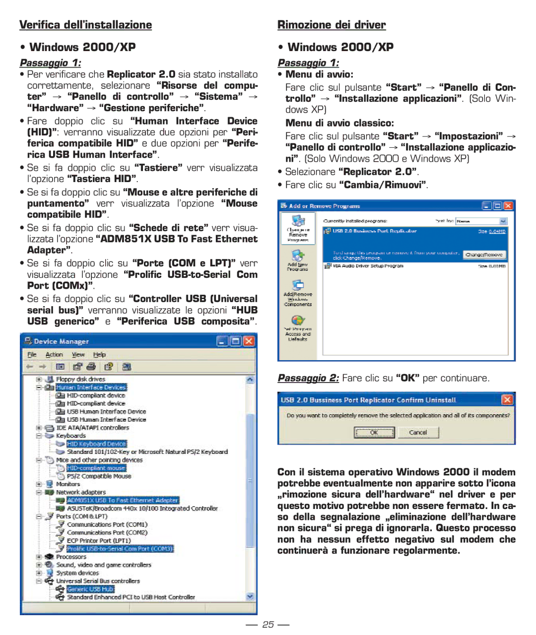 Dicota manual Verifica dellinstallazione Windows 2000/XP, Rimozione dei driver Windows 2000/XP 