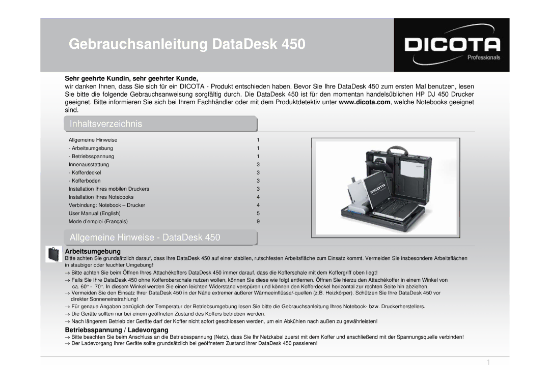 Dicota 450 user manual Gebrauchsanleitung DataDesk, InhaltsverzeichnisInhaltsverzeichnis 