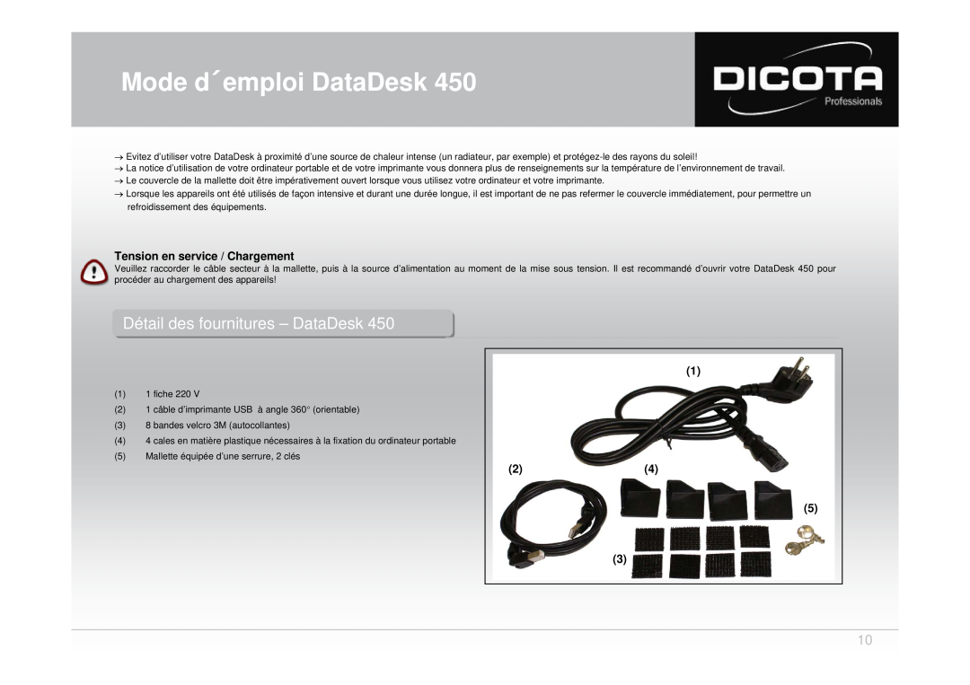 Dicota 450 user manual Tension en service / Chargement, Mode d´emploi DataDesk 
