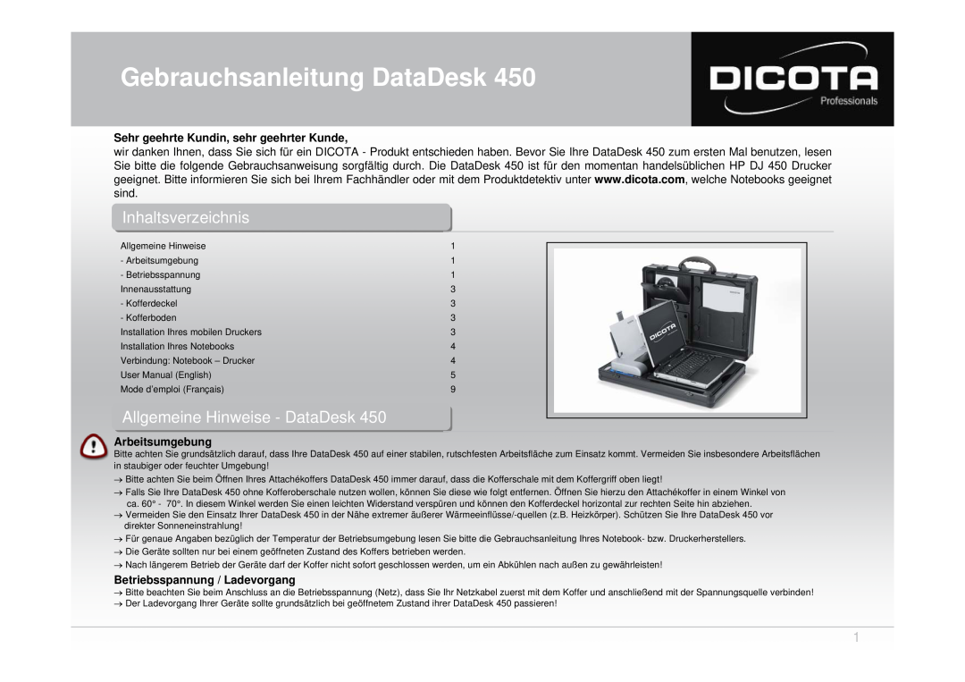 Dicota 450 Gebrauchsanleitung DataDesk, InhaltsverzeichnisInhaltsverzeichnis, Sehr geehrte Kundin, sehr geehrter Kunde 
