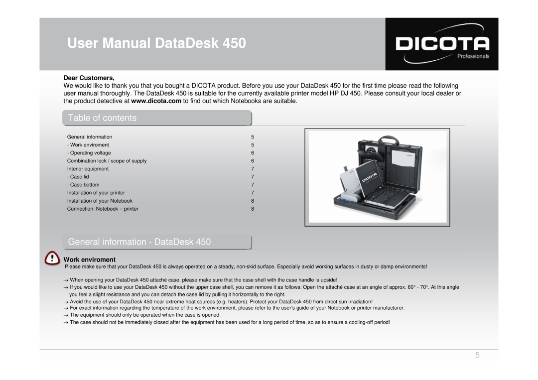 Dicota 450 user manual User Manual DataDesk, Table of contents, Generaleneral informatioinfor ationn -- DataDeskata esk 