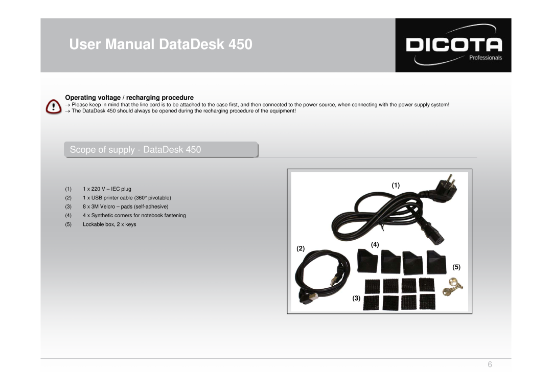 Dicota 450 Operating voltage / recharging procedure, User Manual DataDesk, Scopecope ofof supplysupply -- DataDeskata esk 