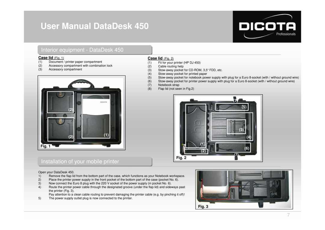 Dicota 450 user manual InteriorInterior equipmentequip ent -- DataDeskata esk, Case lid Fig, User Manual DataDesk 