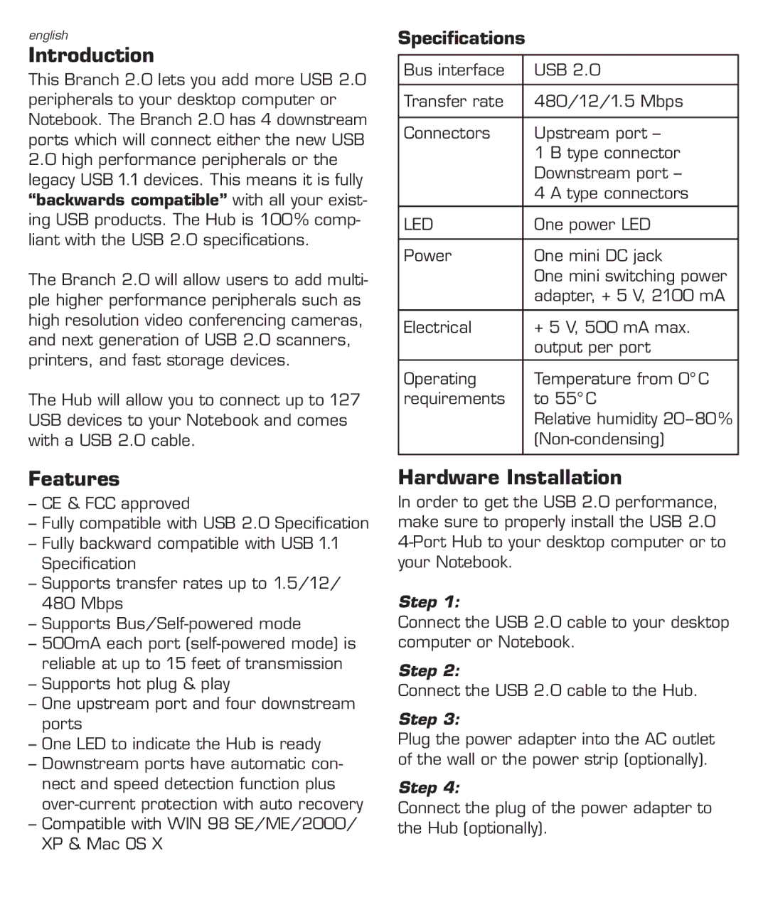 Dicota Branch 2.0 manual Introduction, Features, Hardware Installation 