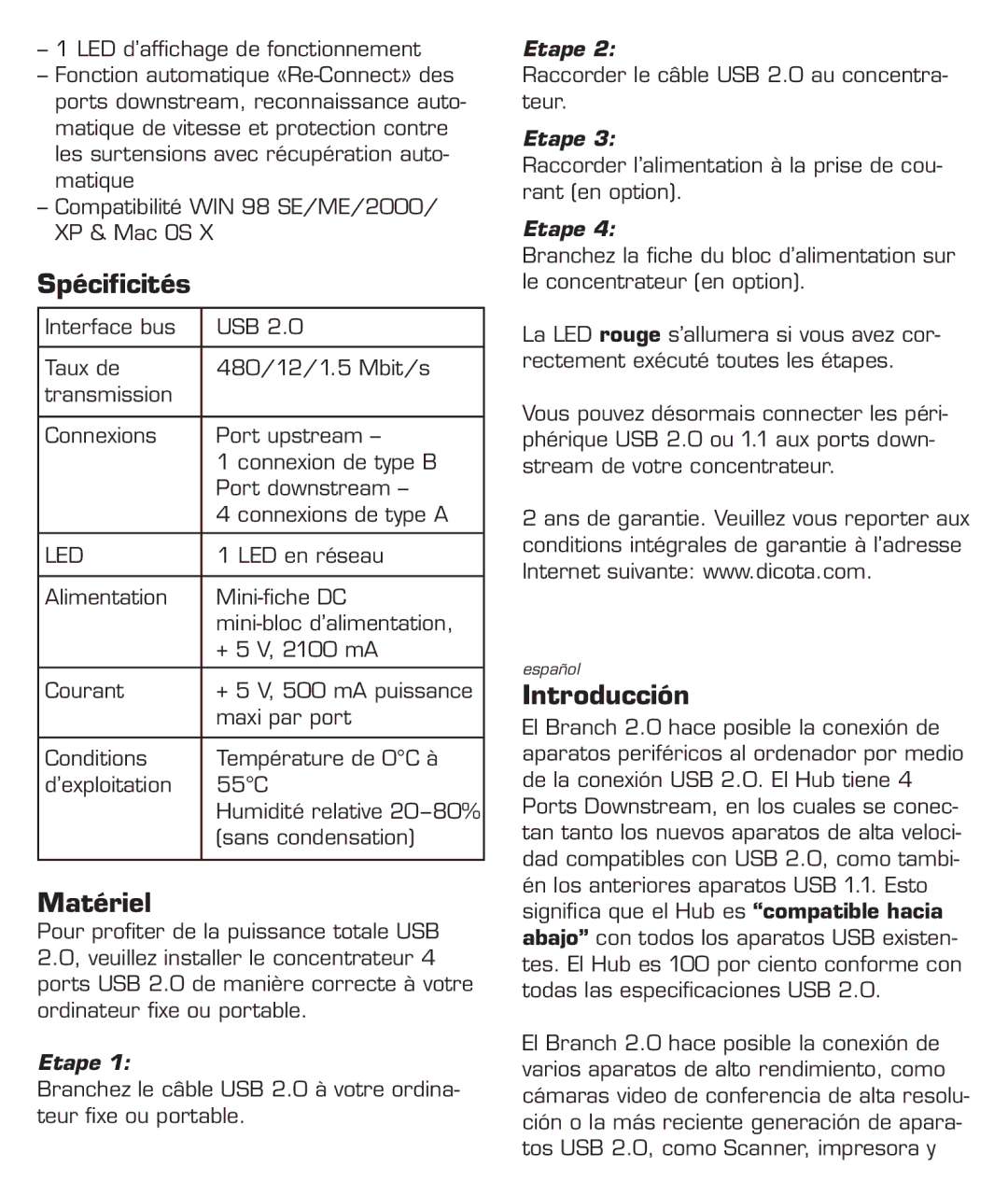 Dicota Branch 2.0 manual Spécificités, Matériel, Introducción 