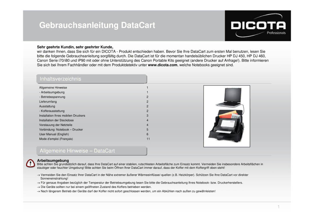 Dicota user manual Inhaltsverzeichnis, Allgemeine Hinweise DataCart, Llge eine in eise Ata art 