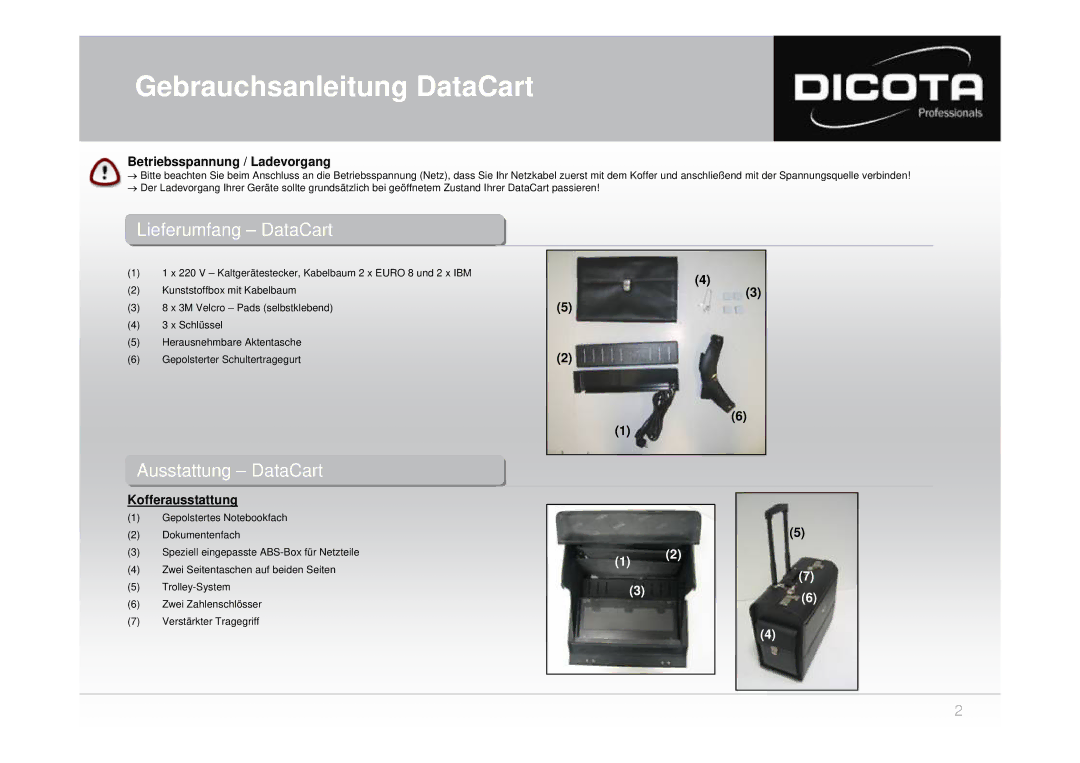 Dicota LieferumfangLieferu fang -- DataCartata art, Ausstattungusstattung --DataCartata art, Kofferausstattung 