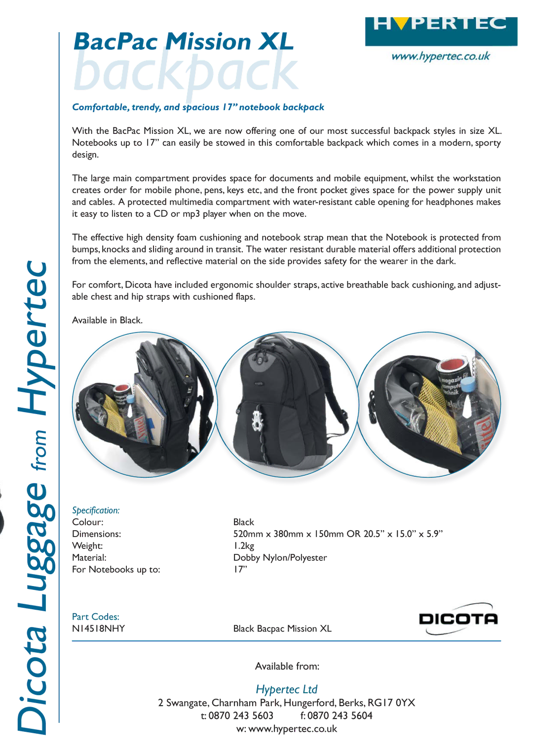 Dicota Mission XL dimensions Backpack, Comfortable, trendy, and spacious 17‰ notebook backpack, Specification 