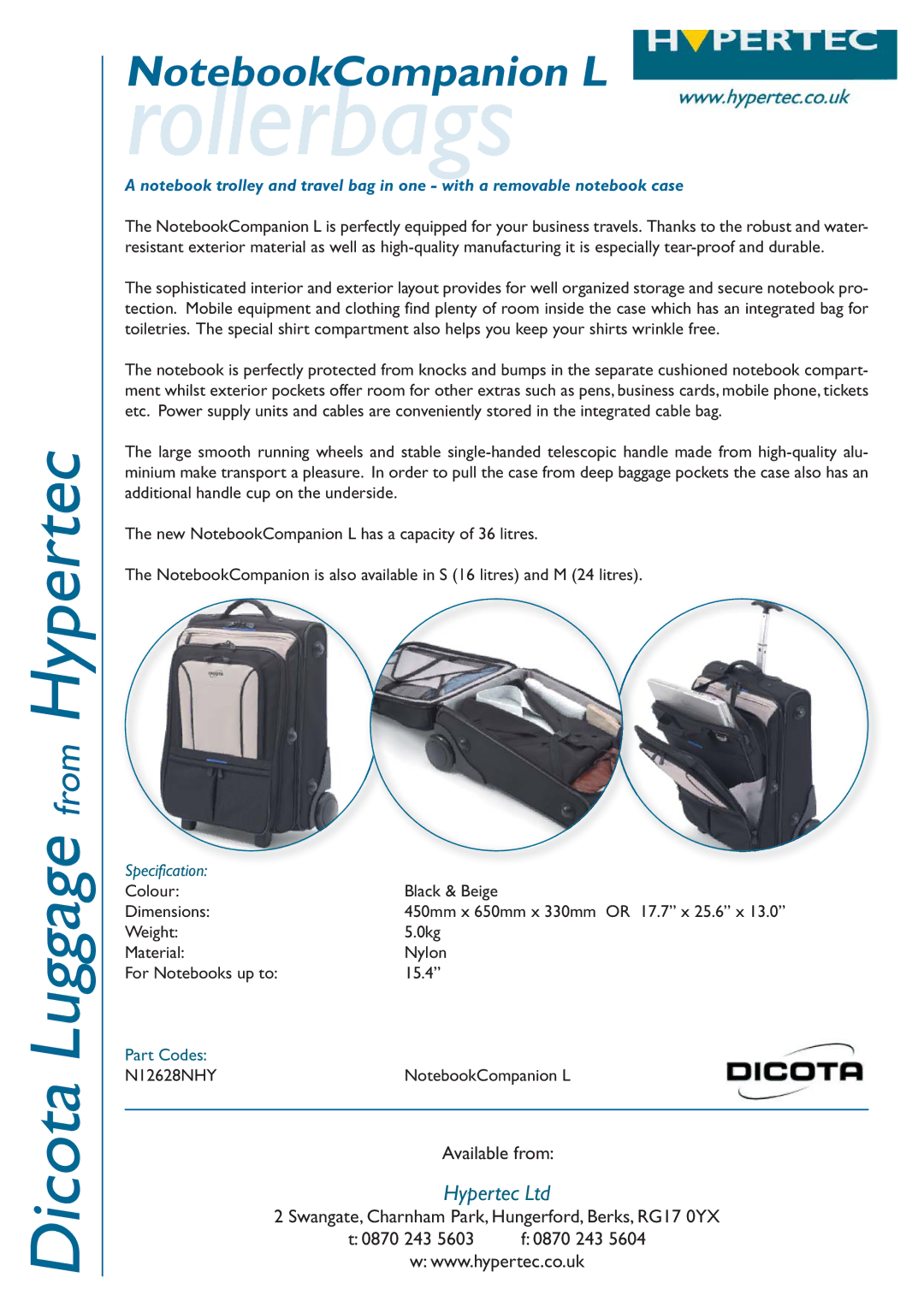 Dicota N12628NHY dimensions Rollerbags, Specification 