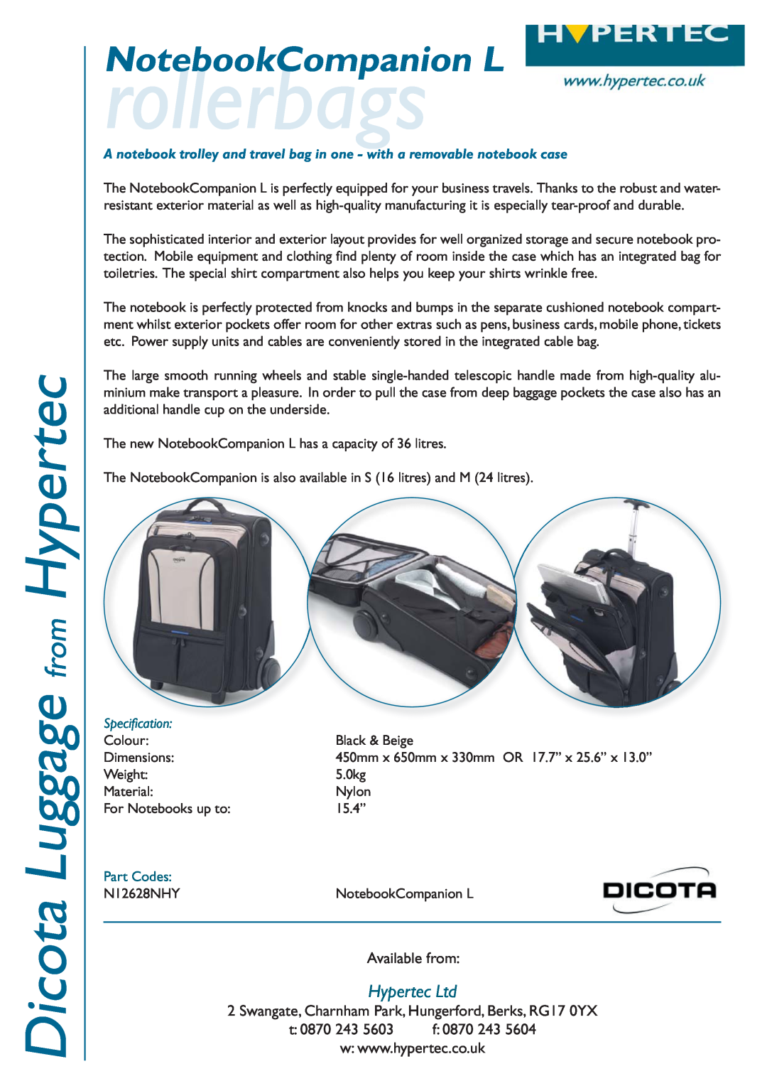 Dicota N12628NHY dimensions rollerbags, Dicota Luggage from Hypertec, NotebookCompanion L, Available from, t 0870 243 