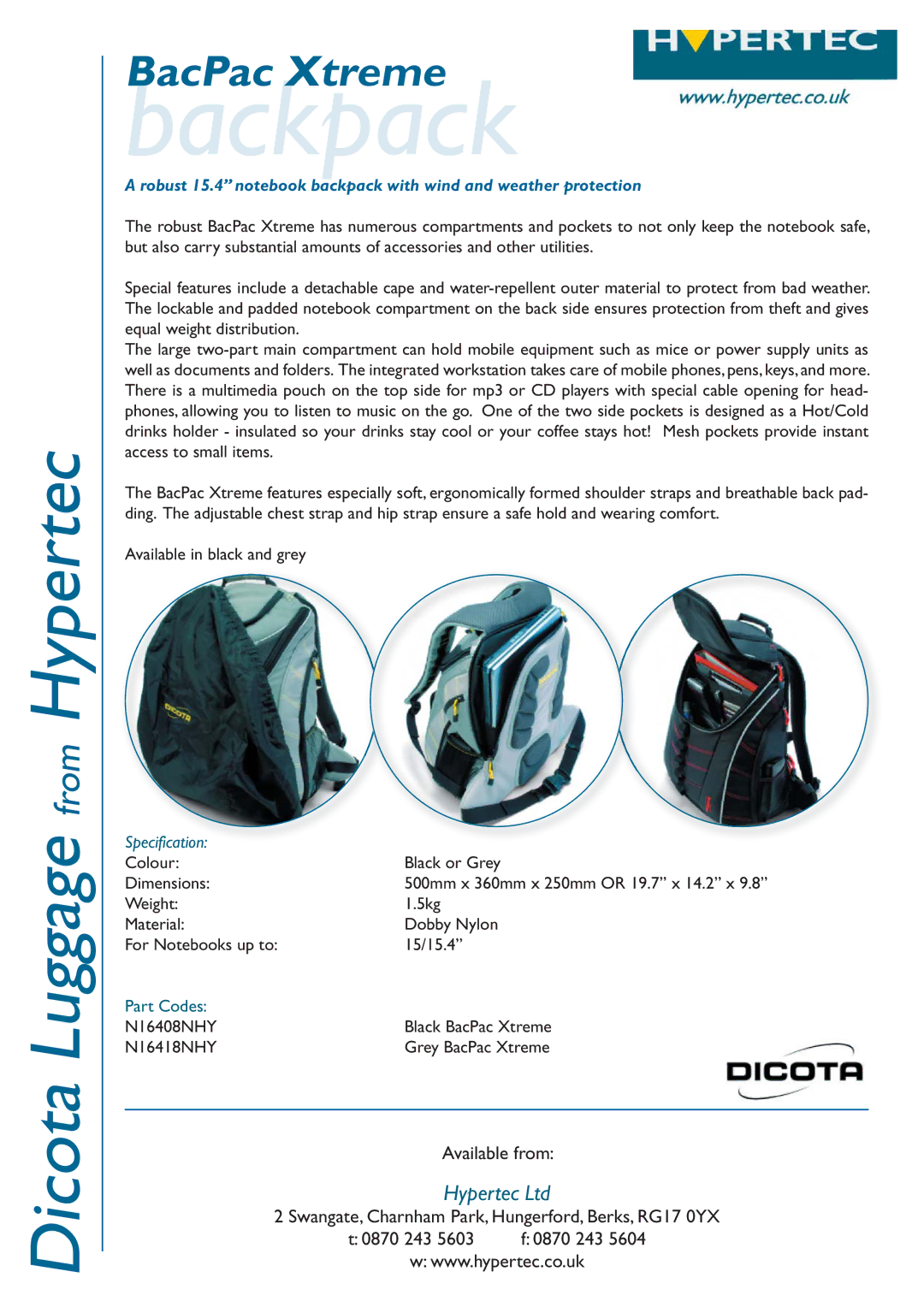 Dicota N16418NHY, N16408NHY dimensions Backpack, Specification 