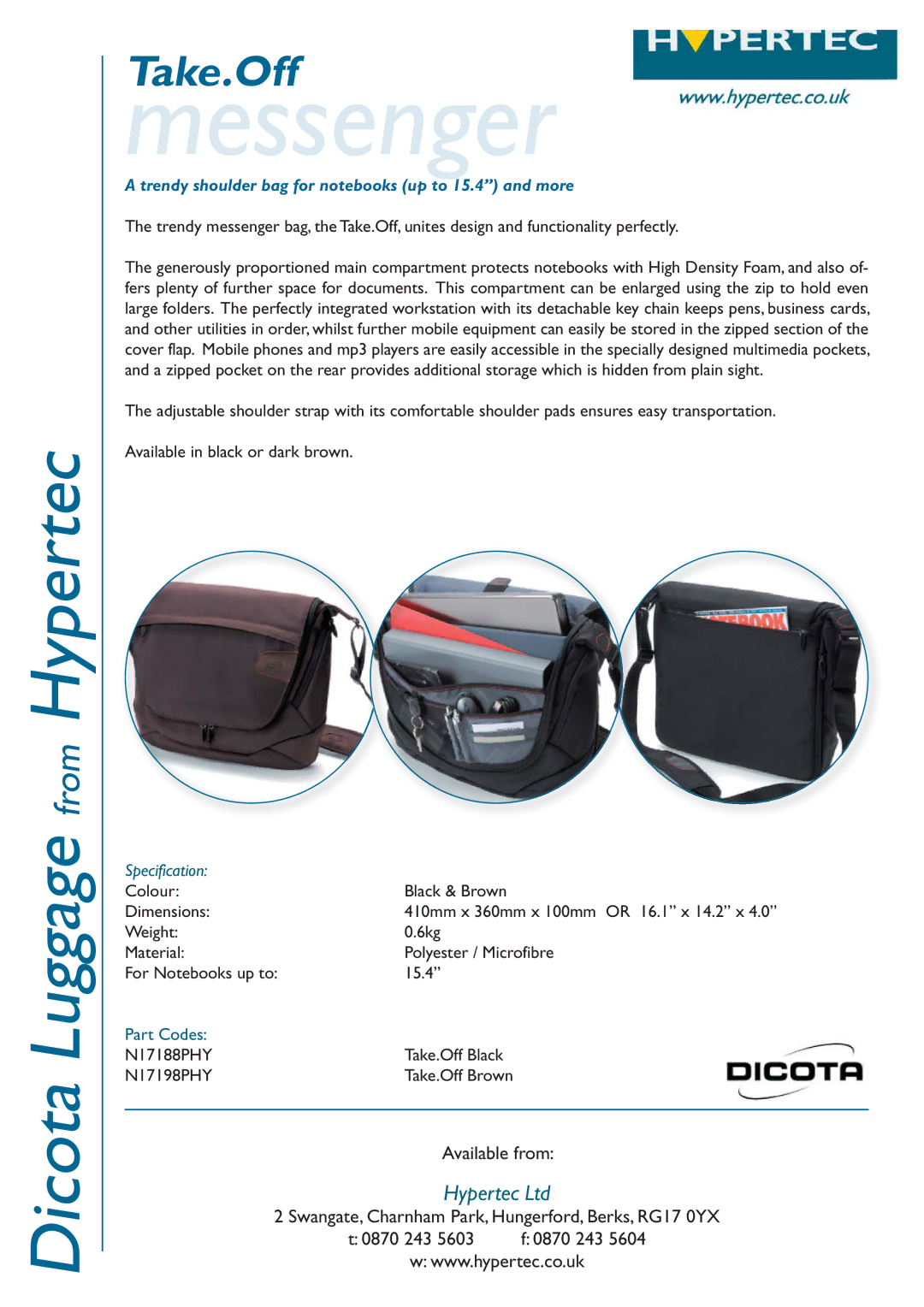 Dicota N17188PHY dimensions Messenger, Trendy shoulder bag for notebooks up to 15.4‰ and more, Specification 