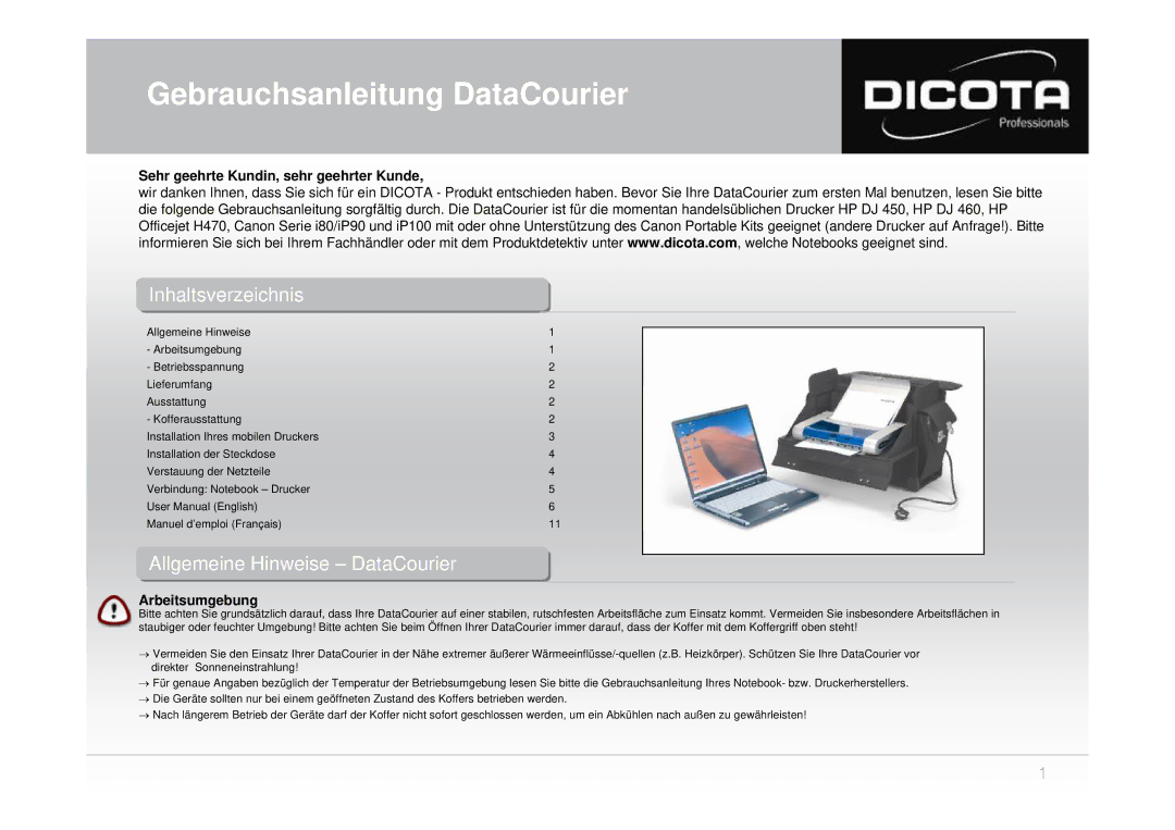 Dicota none user manual Inhaltsverzeichnis, Allgemeine Hinweise DataCourier, Llge eine in eise Ata ourier 