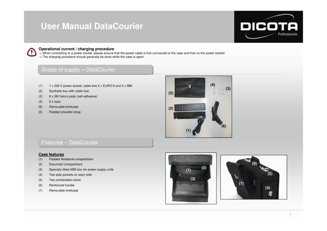 Dicota none user manual FeaturesFeatures -- DataCourierata ourier, Operational current / charging procedure, Case features 