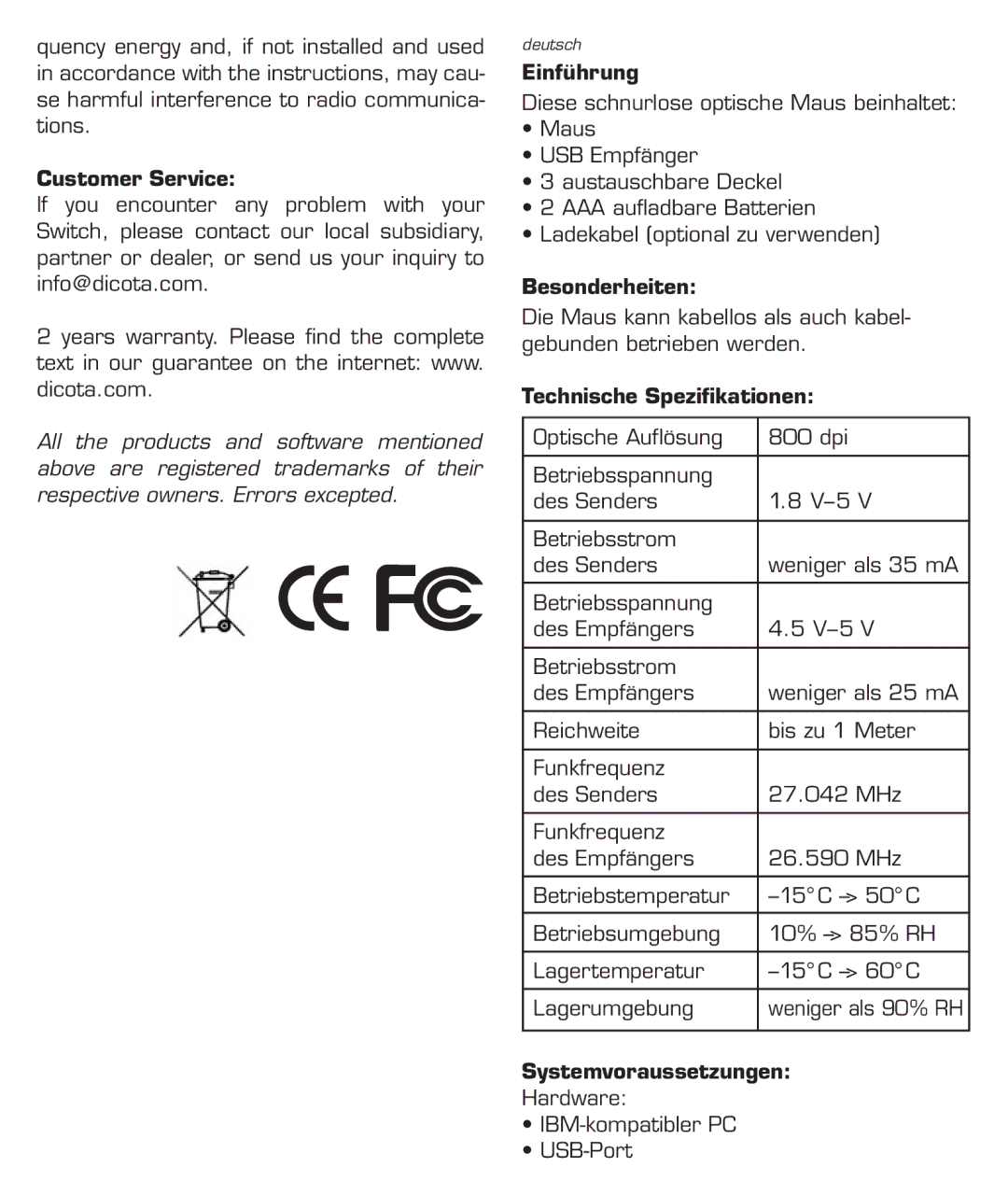 Dicota Optical Mouse manual Customer Service, Einführung, Besonderheiten, Technische Spezifikationen, Systemvoraussetzungen 