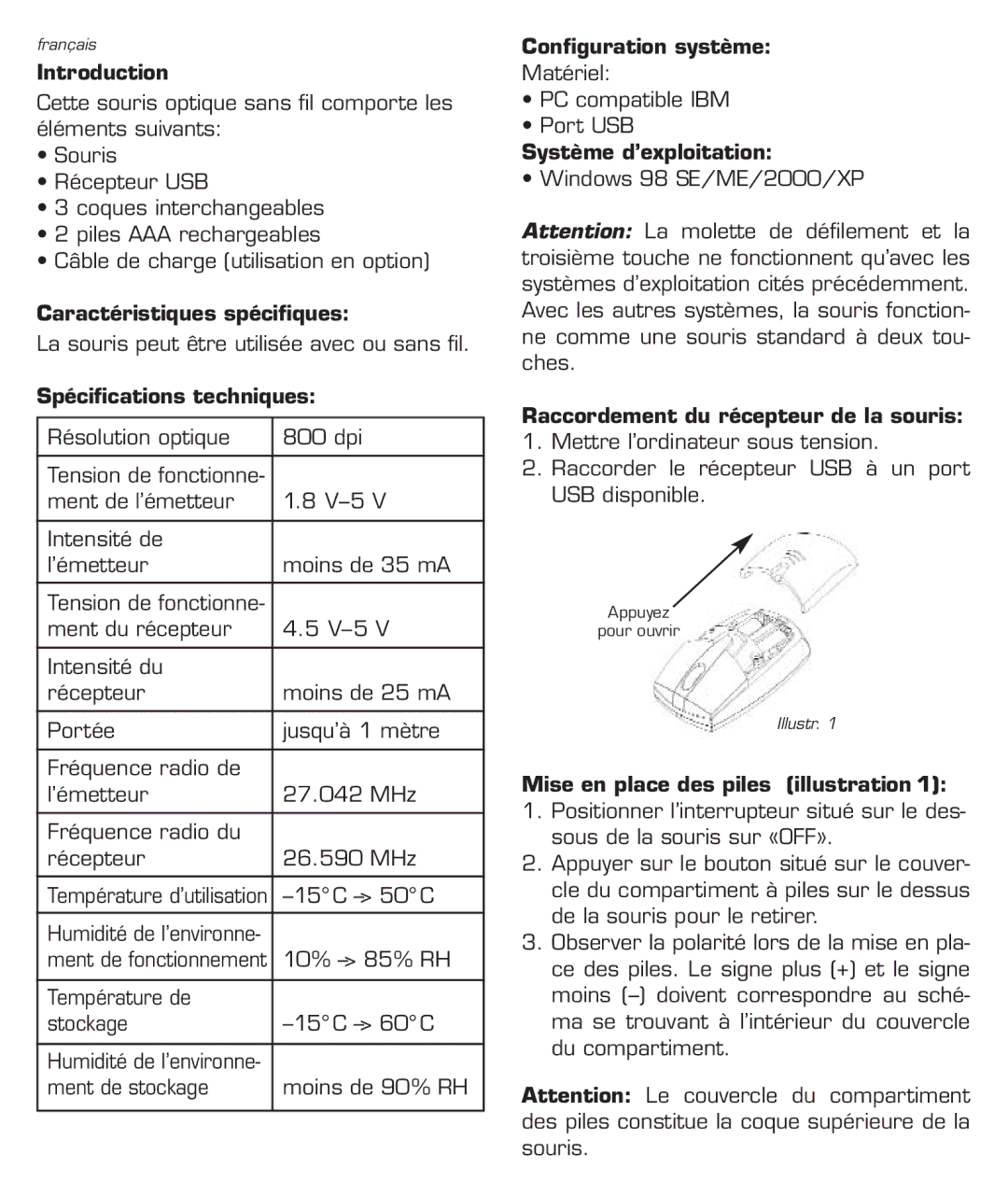 Dicota Optical Mouse manual Caractéristiques spécifiques, Spécifications techniques, Configuration système 