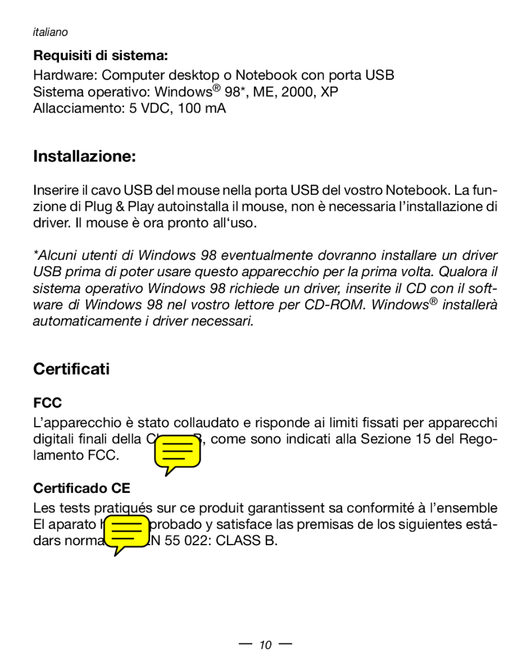 Dicota Optical USB Notebook Mouse manual Installazione, Certificati, Requisiti di sistema 