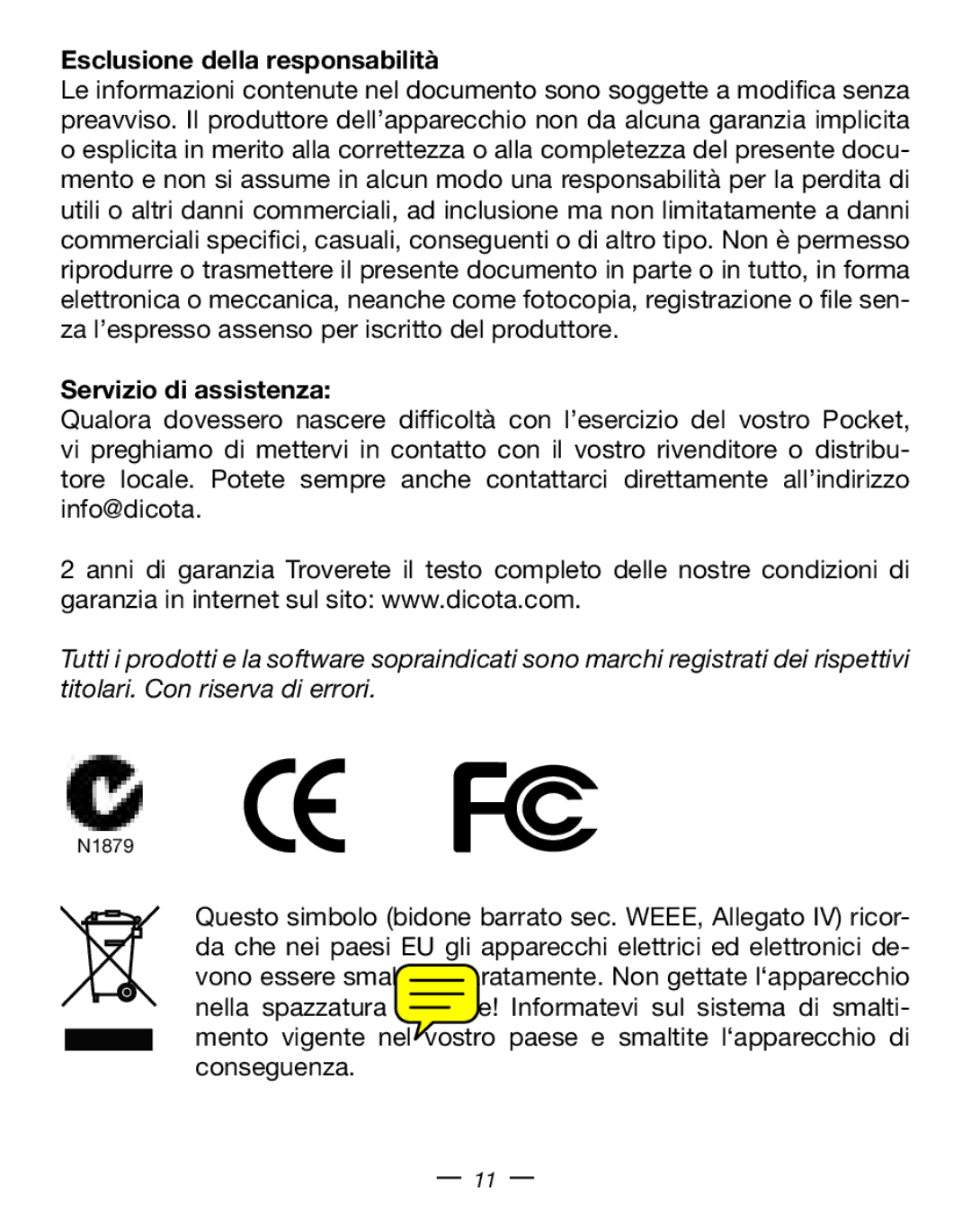 Dicota Optical USB Notebook Mouse manual Esclusione della responsabilità, Servizio di assistenza 