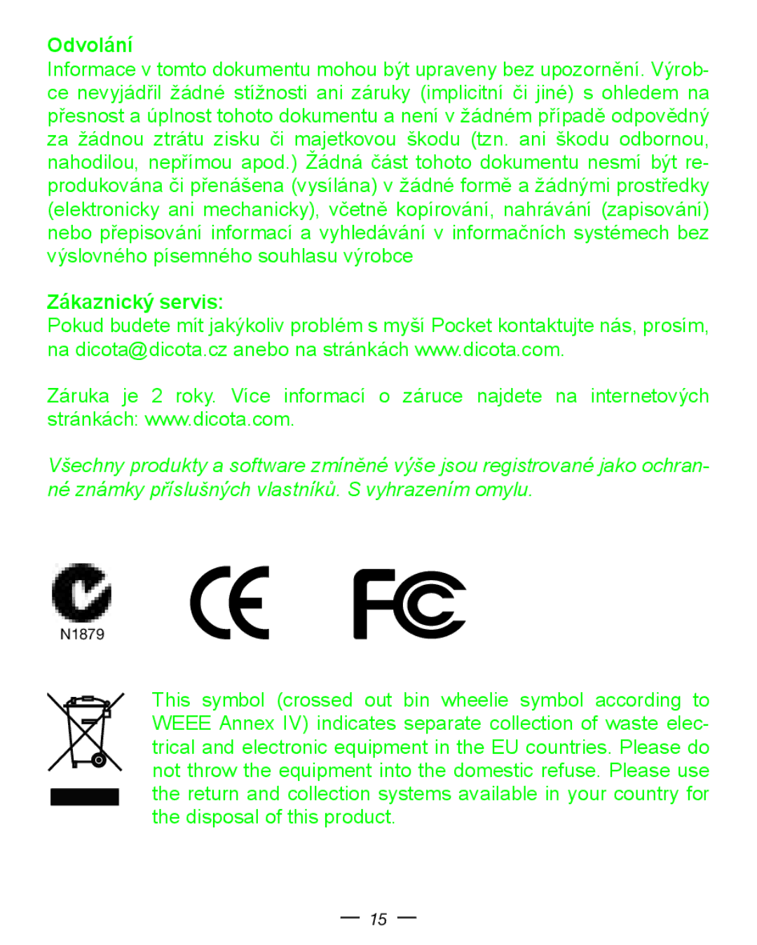 Dicota Optical USB Notebook Mouse manual Odvolání 