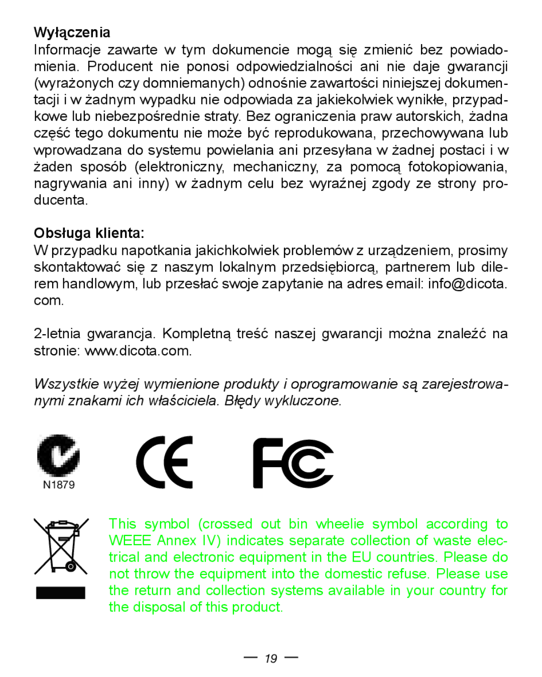 Dicota Optical USB Notebook Mouse manual Wyłączenia, Obsługa klienta 