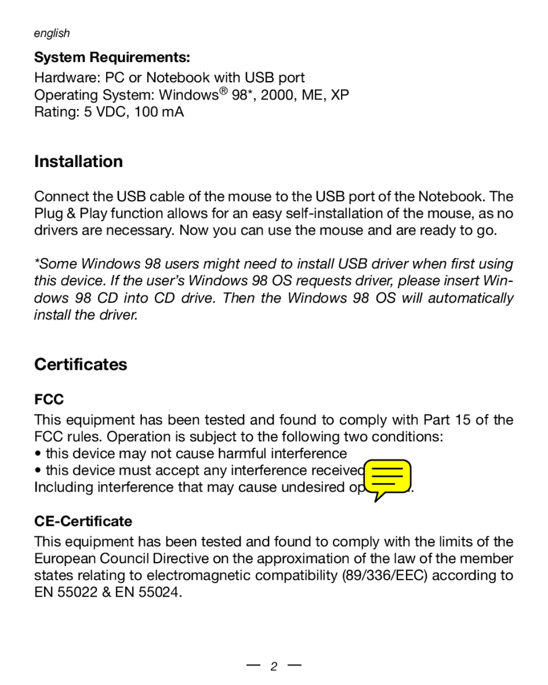 Dicota Optical USB Notebook Mouse manual Installation, Certificates, System Requirements, CE-Certificate 