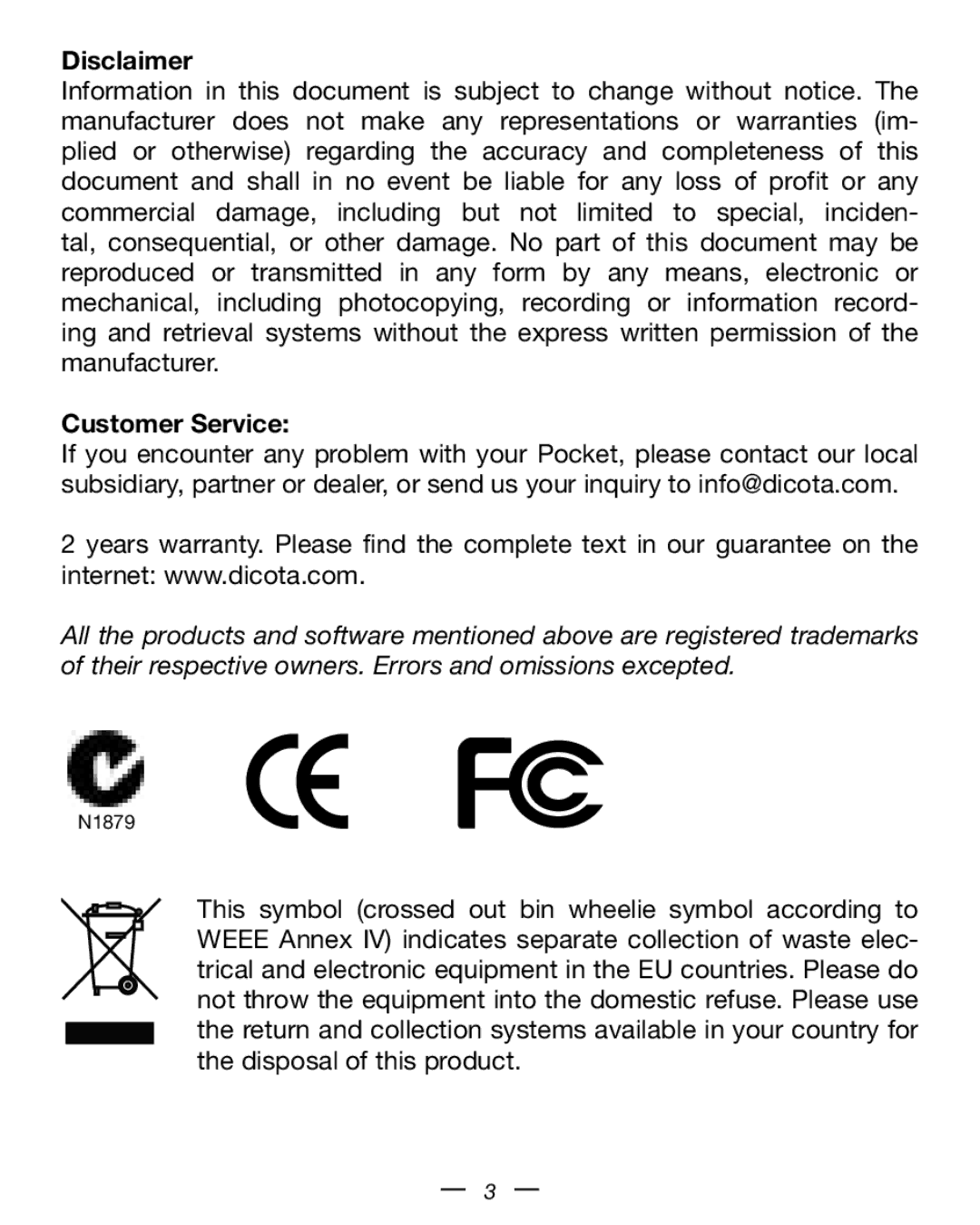 Dicota Optical USB Notebook Mouse manual Disclaimer, Customer Service 