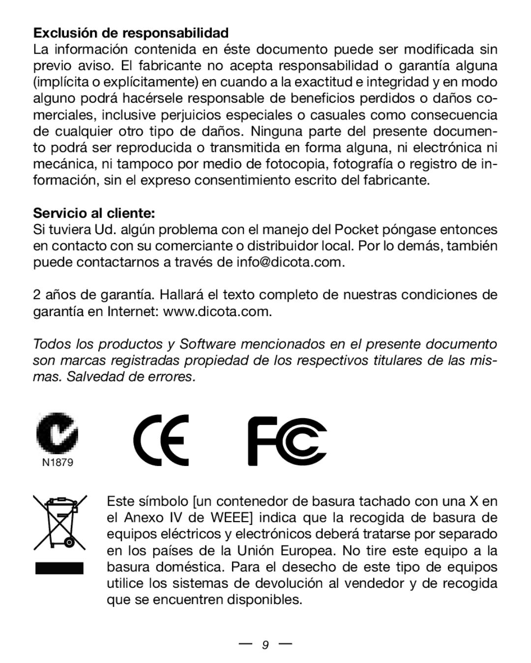 Dicota Optical USB Notebook Mouse manual Exclusión de responsabilidad, Servicio al cliente 