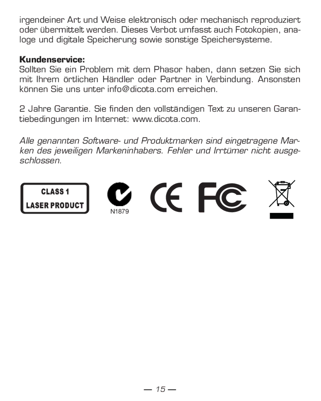 Dicota Phasor manual Kundenservice 