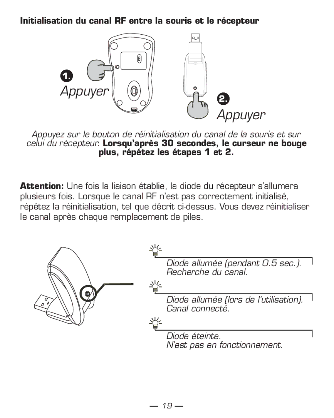 Dicota Phasor manual Appuyer, Initialisation du canal RF entre la souris et le récepteur 