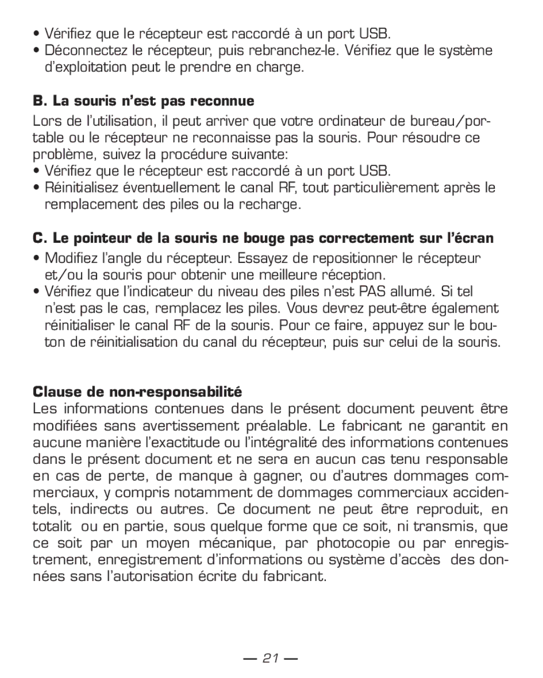 Dicota Phasor manual La souris n’est pas reconnue, Clause de non-responsabilité 