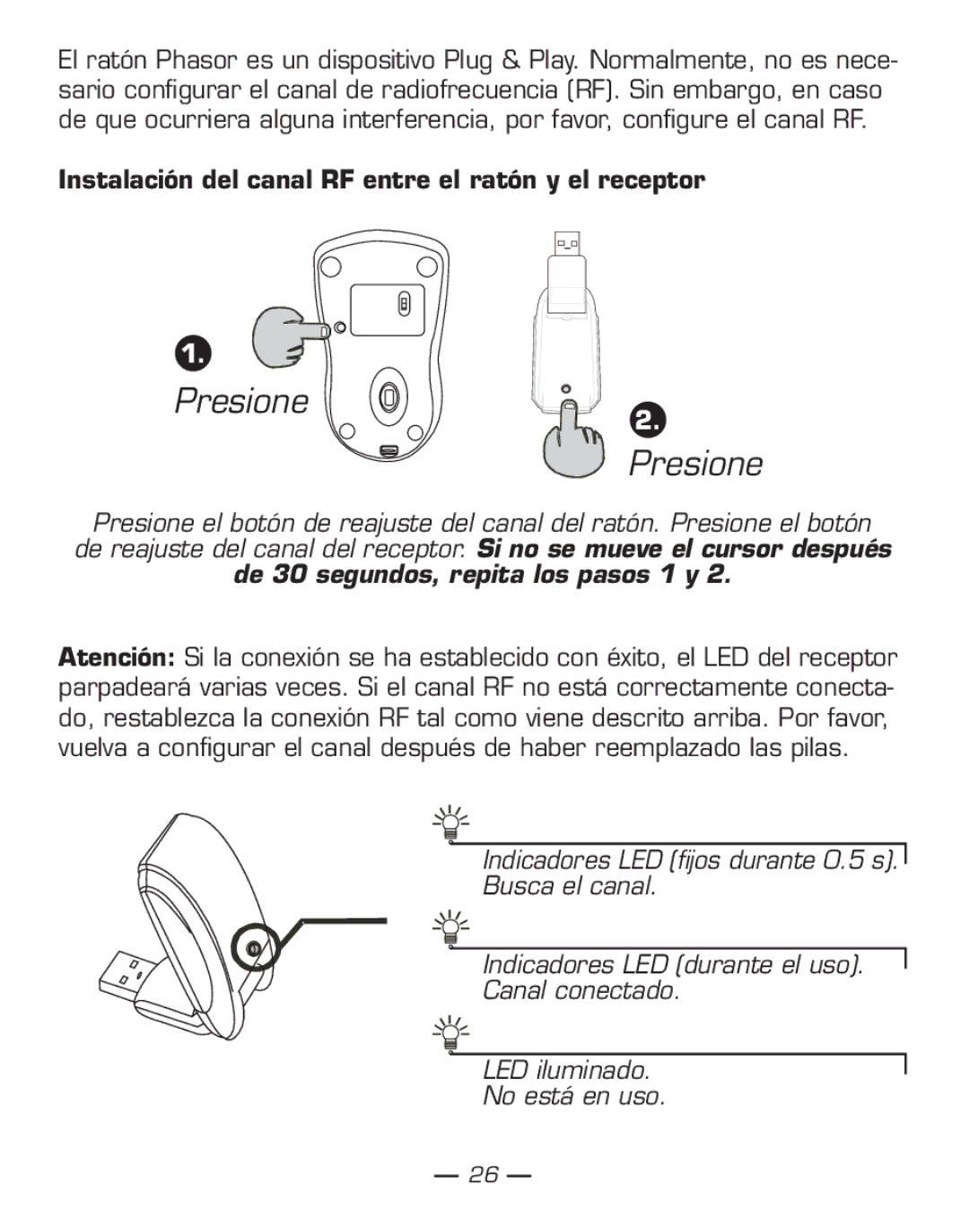 Dicota Phasor manual Presione, Instalación del canal RF entre el ratón y el receptor 